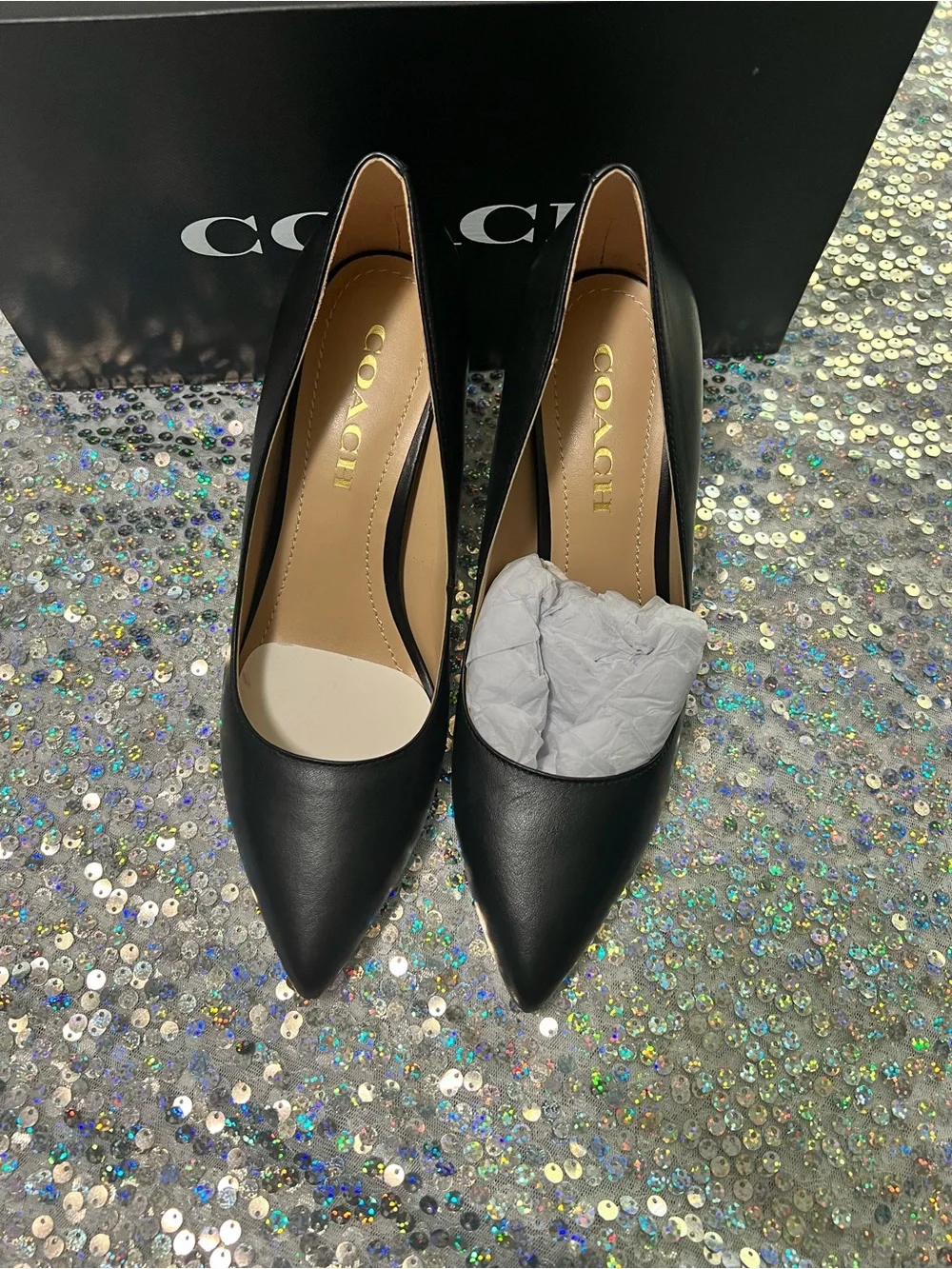 Coach Black Leather Stiletto Pump with Gold Heel Accent